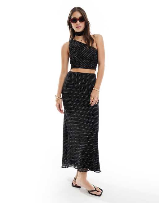 Maxi Black Cotton Mesh Skirt / Long Black Polka Dots Skirt