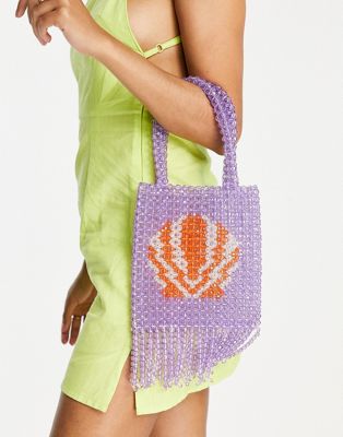 Bershka shell logo fringe beaded bag in purple - ASOS Price Checker
