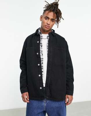 Bershka sherpa lined denim overshirt in black