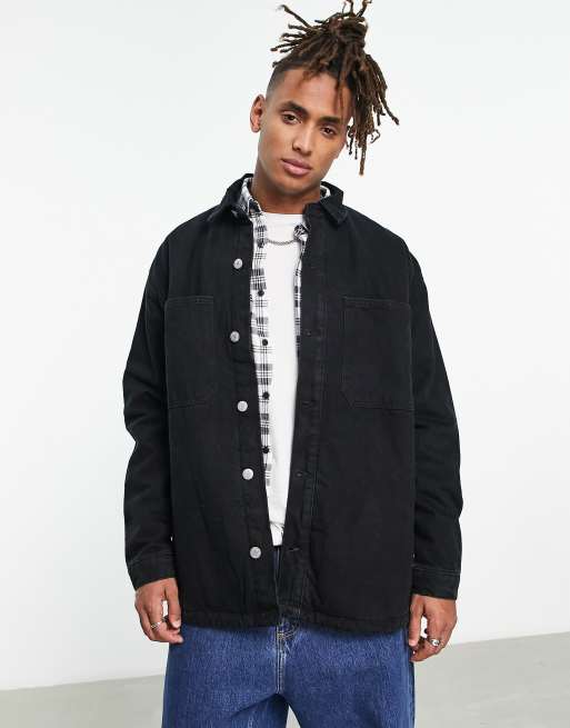 Bershka sherpa lined denim overshirt in black | ASOS