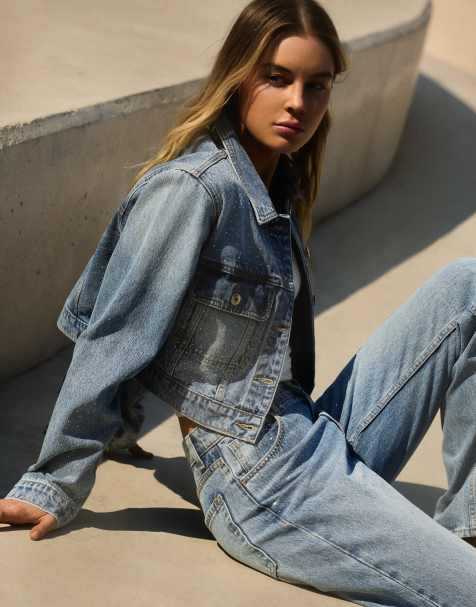 Bershka Shimmery cropped denim jacket in mid blue - view 1