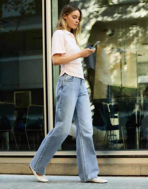 Bershka - Shimmery - Jeans dritti a fondo ampio blu medio - view 1