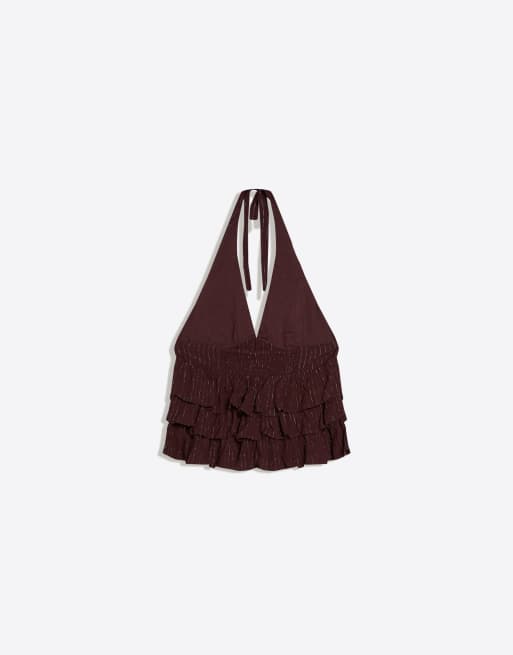 Bershka Shimmery ruffle top in brown, 6 of 6