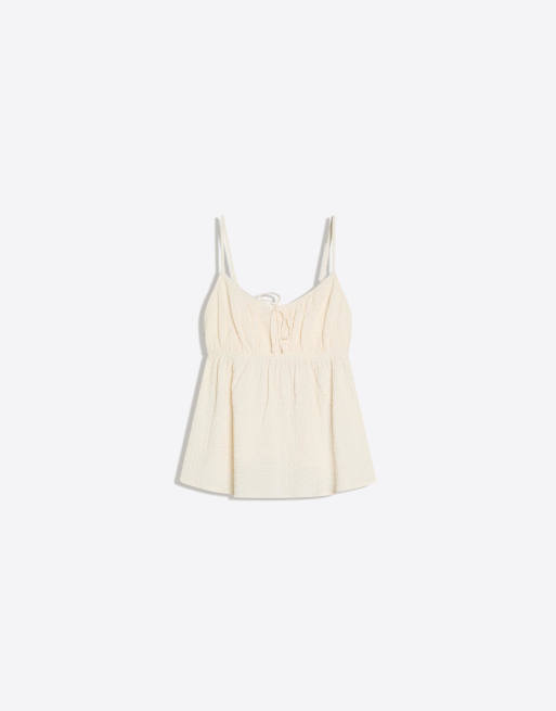 Bershka Shimmery rustic top in ecru, 3 of 4