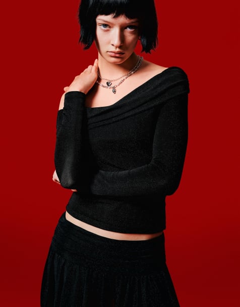 Bershka Shimmery textured bardot top in black - view 1