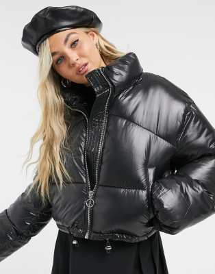 Bershka padded puffer jacket with hood in reflective gray