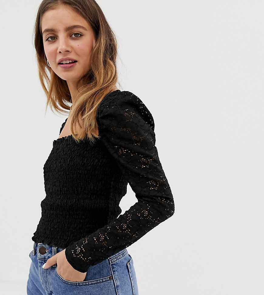 Bershka shirred crop top with lace detail in black-White