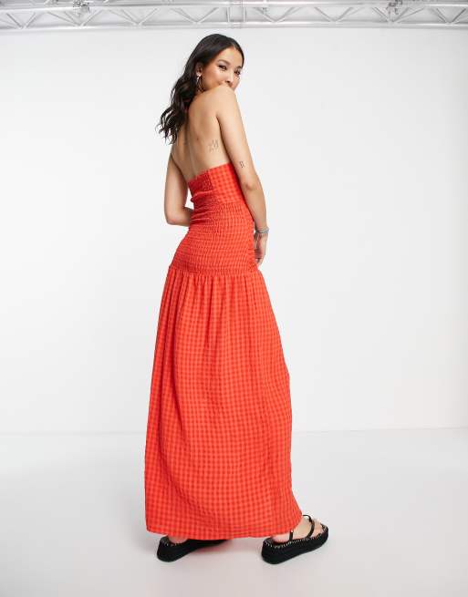 Halter Dress Red Orange Maxi Dress Bershka Shirred Detail Halter