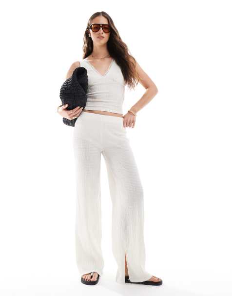 Bershka shirred flared pants in ecru - view 1