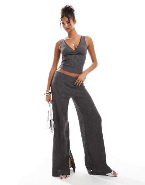 Bershka shirred flared trousers co-ord in charcoal - view 1