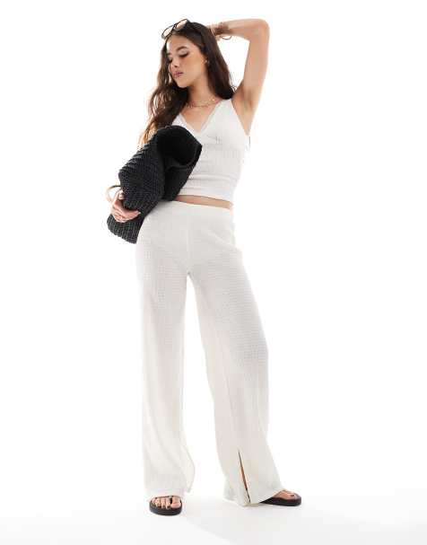 Bershka shirred flared trousers co-ord in ecru - view 1