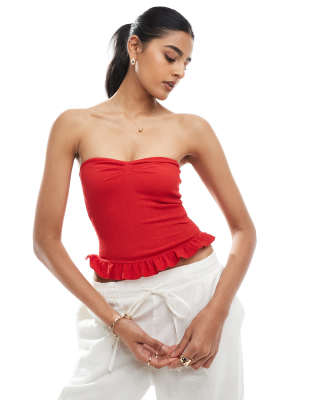 bershka shirred frill hem bandeau top in red