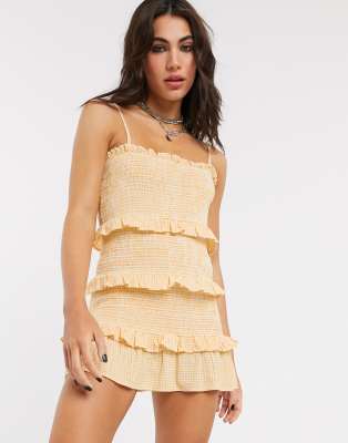 Bershka shirred gingham strappy dress in yellow