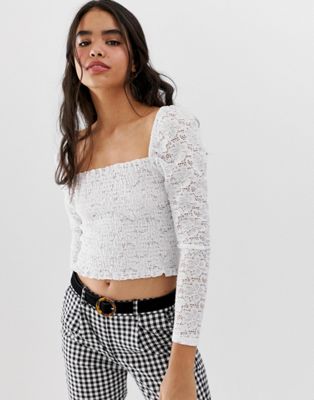 White Lace Square Neck Long Sleeve Top