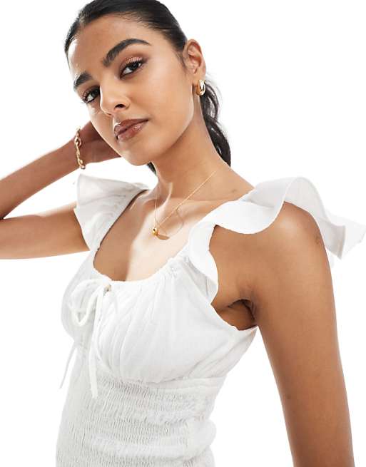 Bershka shirred milkmaid top in white | ASOS Bershka shirred milkmaid top in white | ASOS