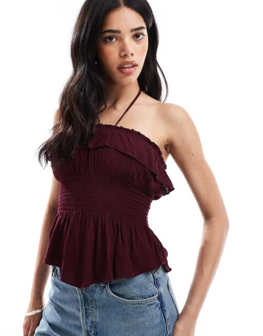 Bershka shirred ruffle bandeau top in burgundy