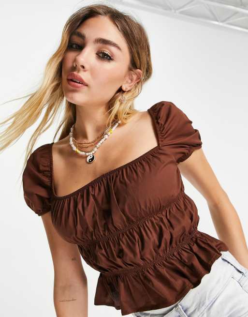 Bershka shirred smock top with frill hem in brown