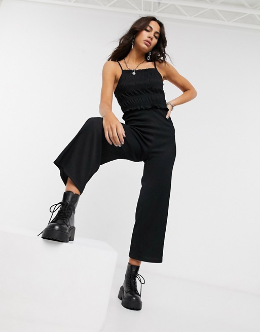 Bershka shirred strappy jumpsuit with ruched front in black