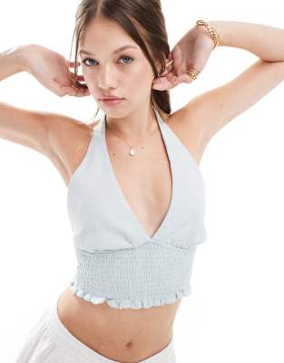Shop Bershka shirred tie sleeve top in washed blue Online – Trendy & Affordable Fashion