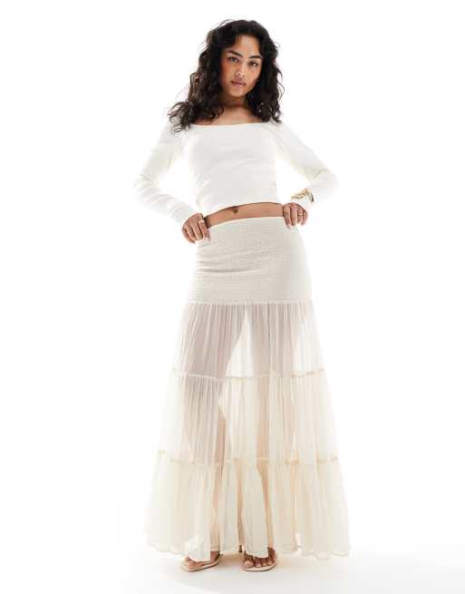 Bershka shirred tiered maxi skirt in ecru