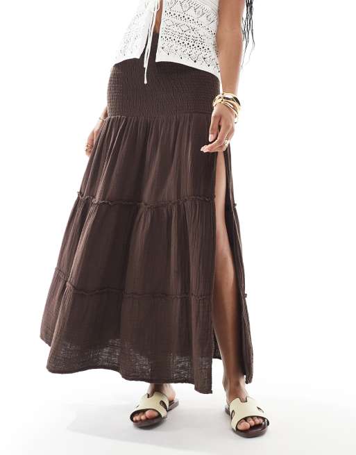 Bershka shirred waist tiered maxi skirt in brown, 4 of 5