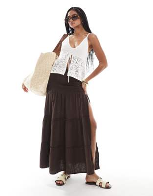 Bershka shirred waist tierred maxi skirt in brown
