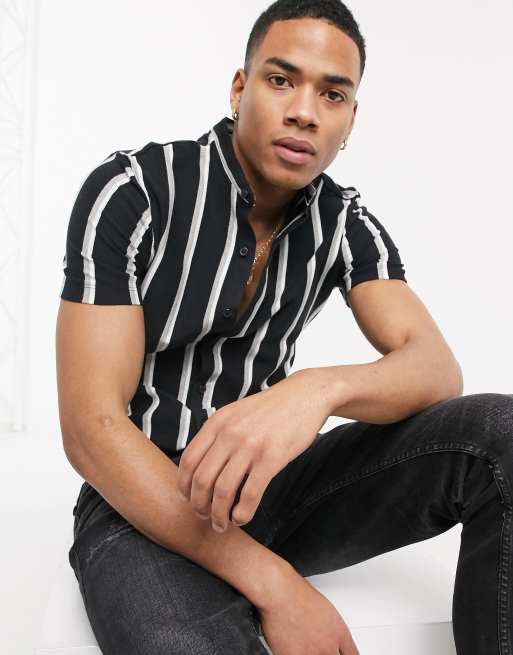 Bershka shirt with vertical stripes and grandad collar in black ASOS