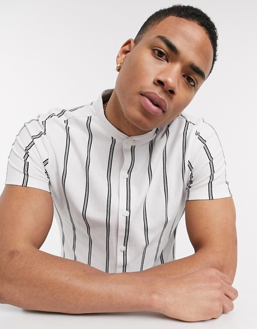 Bershka shirt with vertical stripes and grandad collar in white