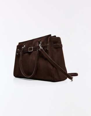 Bershka - Shopper-Tasche mit Gürtel-Detail in Braun-Brown
