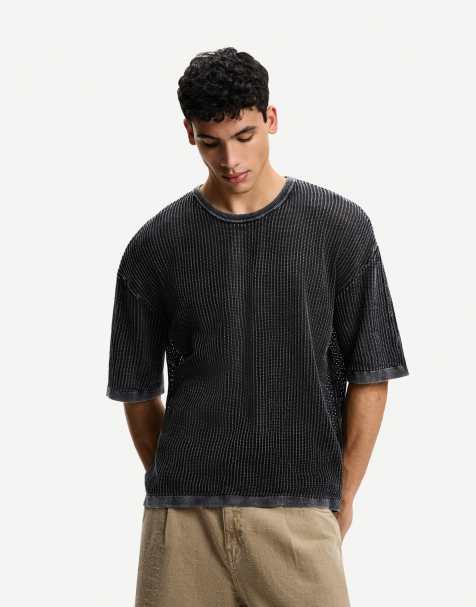 Bershka shor sleeved mesh t-shirt in black