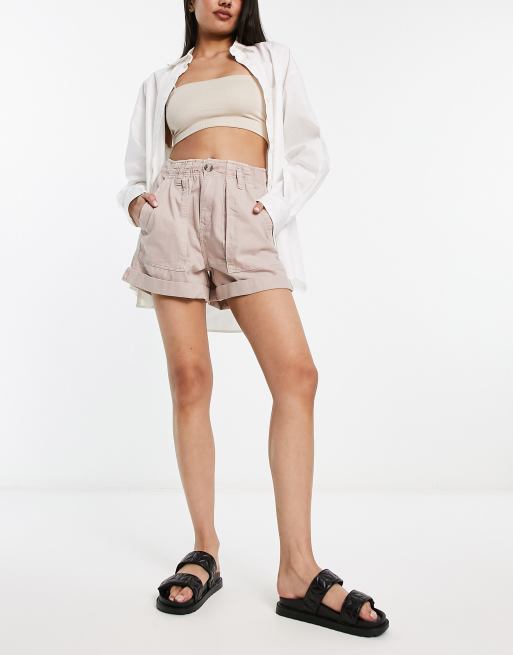 Bershka Short taille haute fronc e Rose clair ASOS