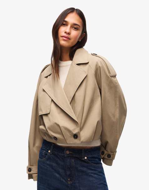 Bershka Short balloon trench jacket in camel