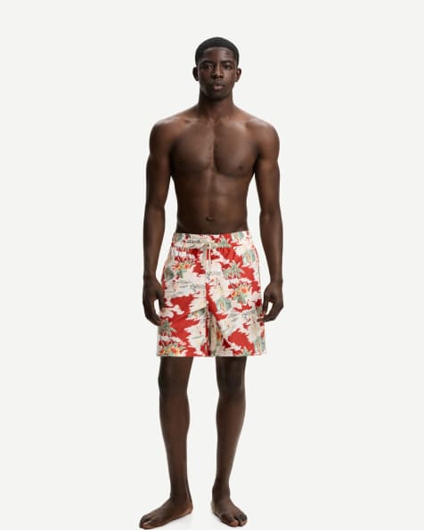 Bershka - Short de bain long à imprimé tropical - Rouge - view 1