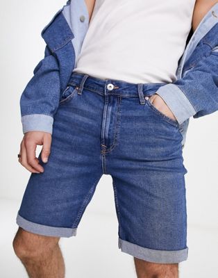 Bershka denim roll up shorts in dark blue - ASOS Price Checker