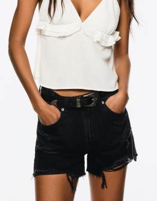 Bershka - Short en jean effet déchiré - Noir