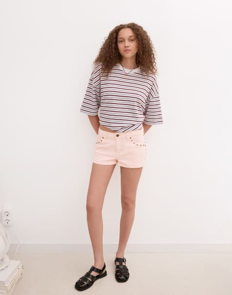 Bershka - Short en jean orné de clous - Rose - view 1