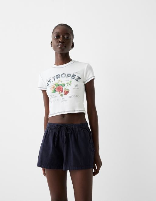 Bershka - Short met linnenlook en gestrikte taille in diep marineblauw, 2 van 4