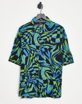 Bershka short sleeve abstract print shirt in green