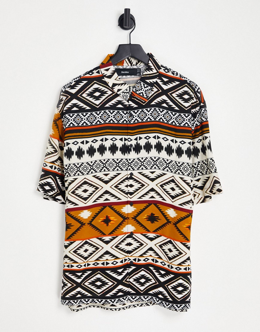 Bershka Short Sleeve Aztec Print Shirt In Multi