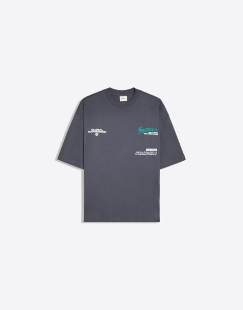 Bershka Short sleeve boxy print t-shirt in grey&black - view 1
