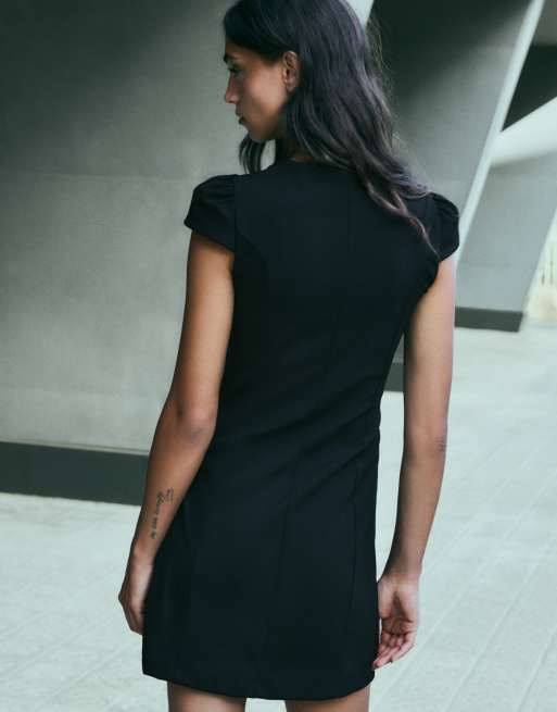 Bershka Short sleeve button mini dress in black, 3 of 5