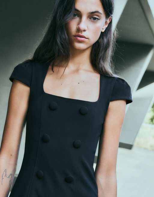 Bershka Short sleeve button mini dress in black, 4 of 5
