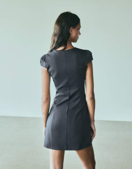 Bershka Short sleeve button mini dress in grey, 3 of 5
