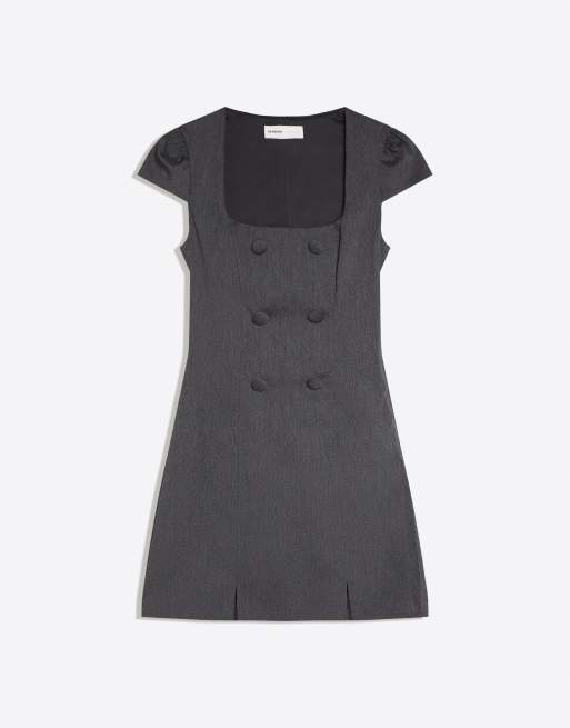 Bershka Short sleeve button mini dress in grey, 5 of 5