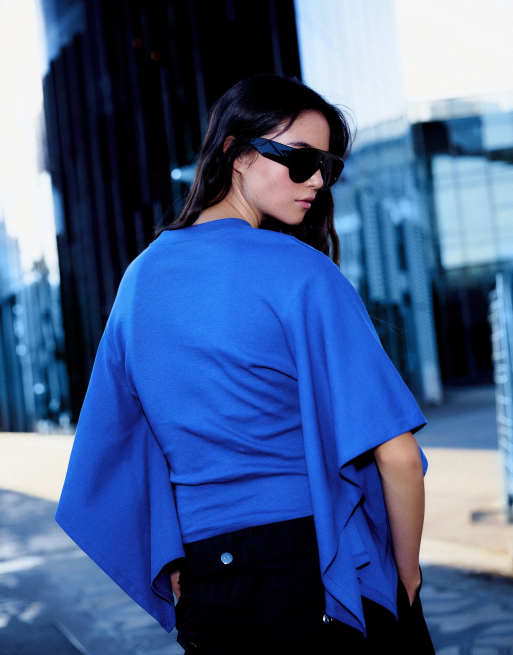 Bershka Short sleeve cape t-shirt in denim blue, 3 of 6