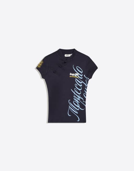 Bershka Short sleeve clasp t-shirt in navy, 5 of 5