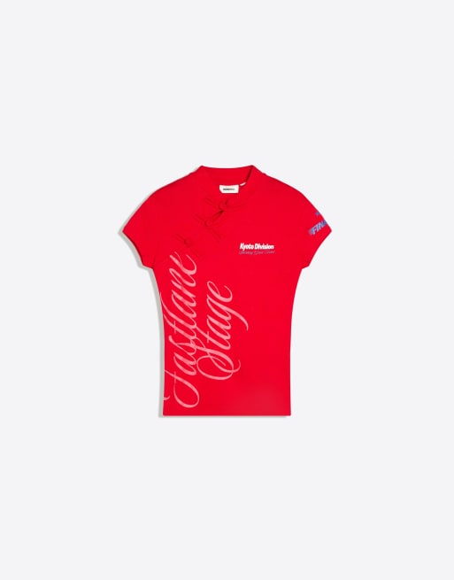 Bershka Short sleeve clasp t-shirt in red, 5 of 5