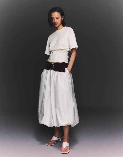 Bershka Short sleeve corset waist t-shirt in white, 2 of 4