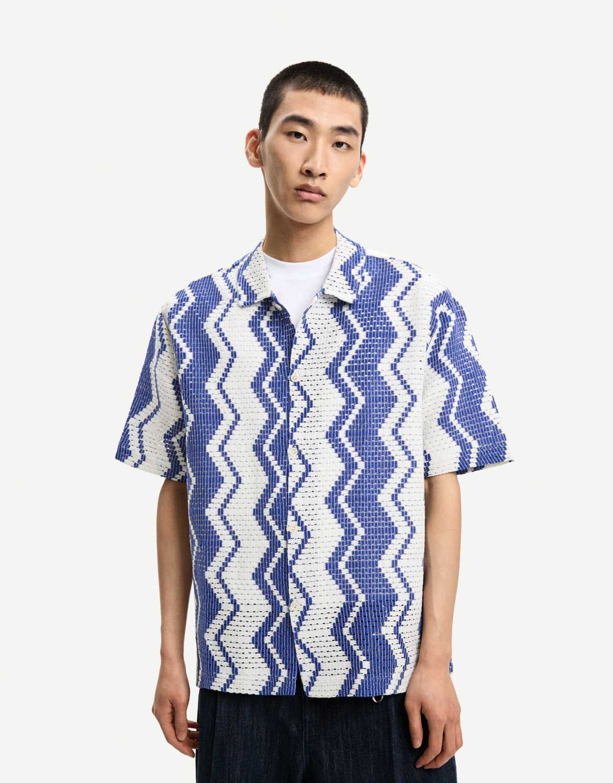 Bershka short sleeve crochet shirt in denim blue