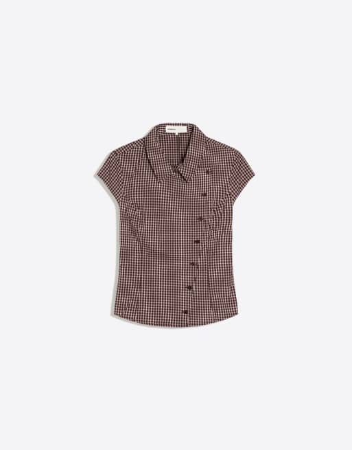 Bershka Short sleeve cross-button shirt in burgundy, 4 of 4